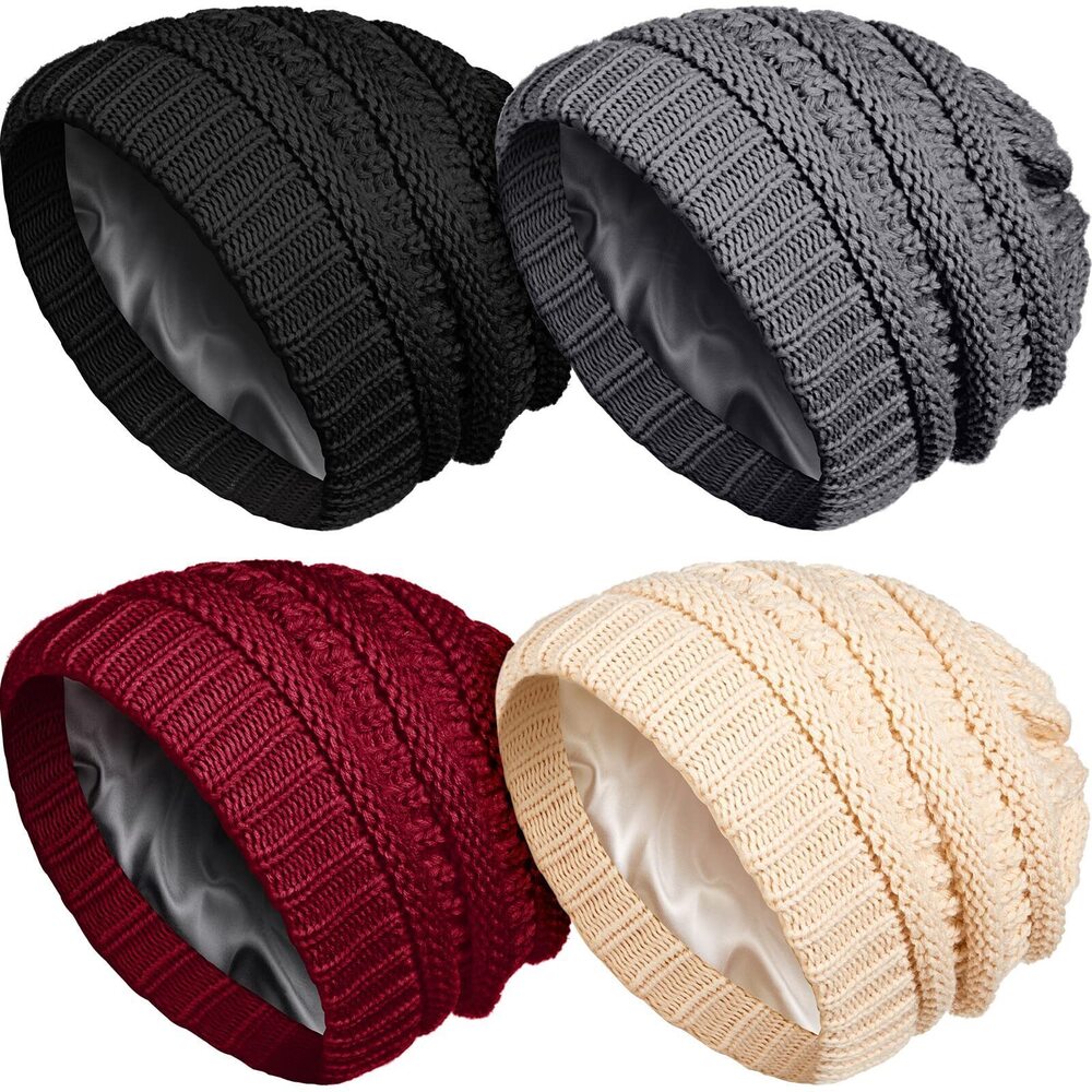 3435 4 Pieces 2/4/6 Pack Satin Lined Beanie Warm Winter Hats Cable Knit